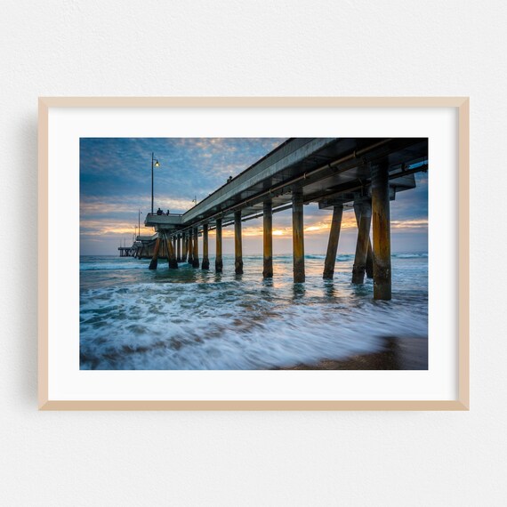 Los Angeles Beach Pier at Sunset Waves Ocean Photography Poster