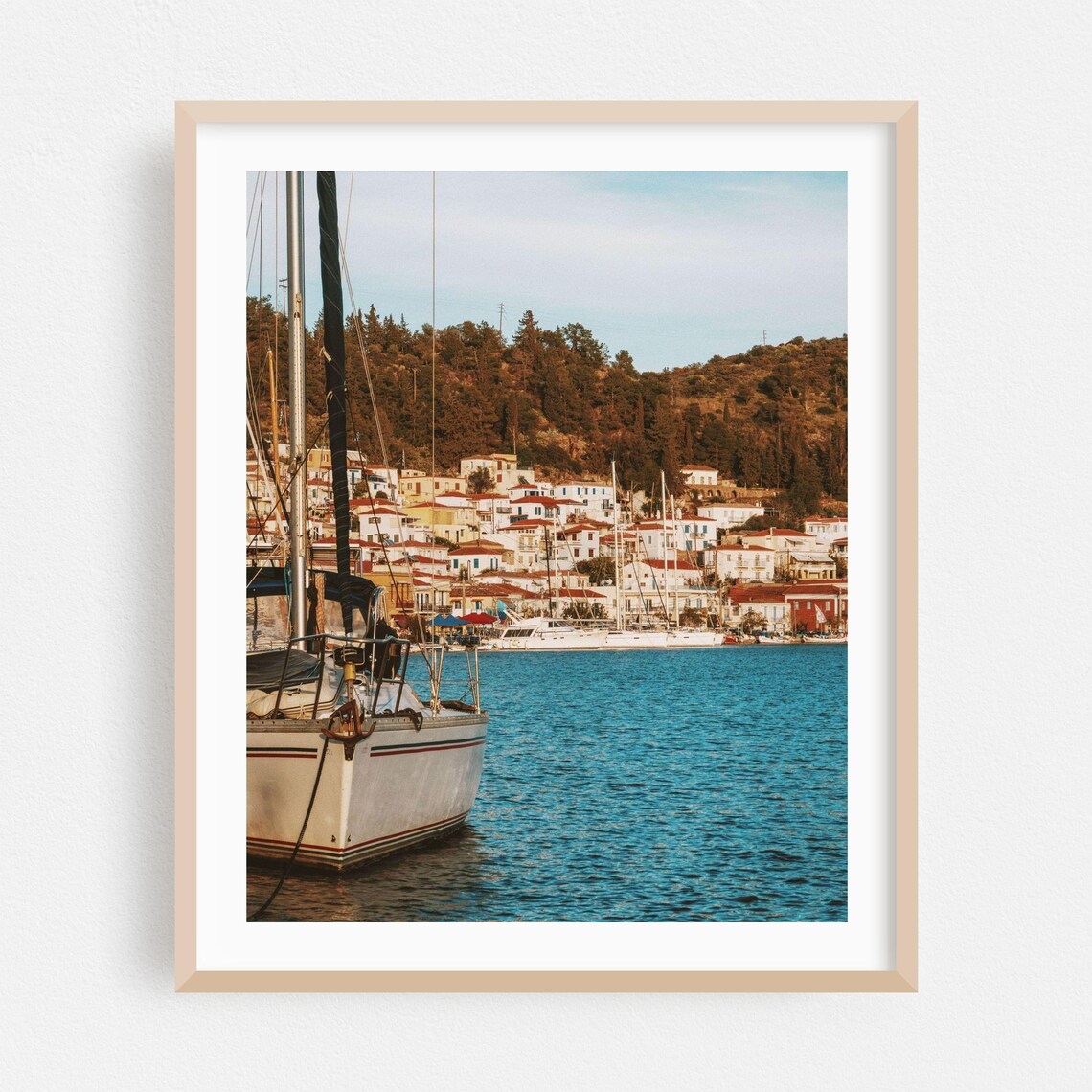 Poros Greece Sailboat Harbor Golden Hour Coastal Photography Poster