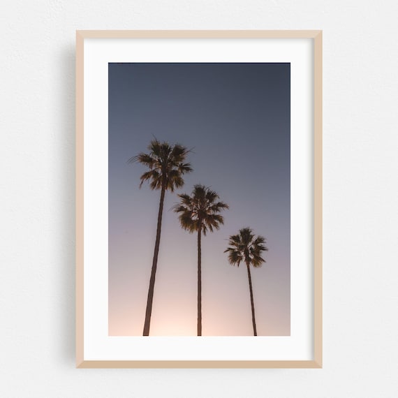 Three Palm Trees Silhouette Pastel Sunset Sky Minimalist Coastal Poster