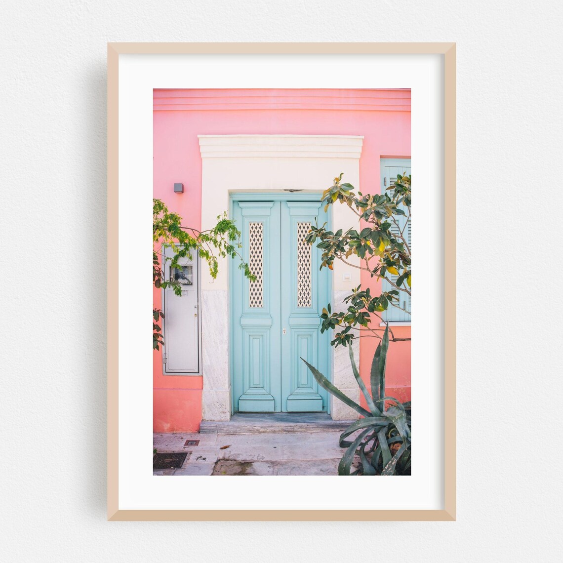 Pastel Pink Building Turquoise Door Mediterranean Photo Poster
