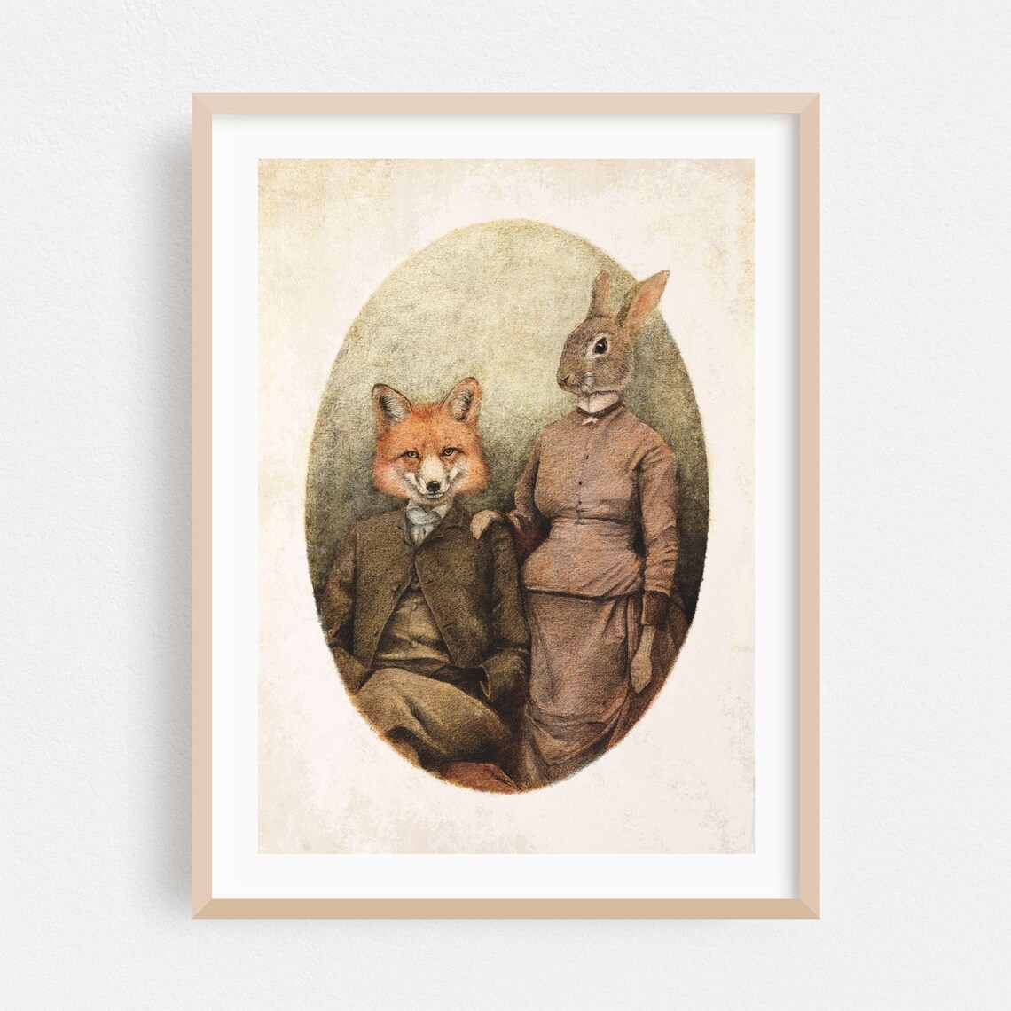 Victorian Fox and Rabbit Couple Portrait Vintage Animal Poster