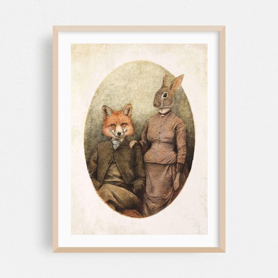 Victorian Fox and Rabbit Couple Portrait Vintage Animal Poster