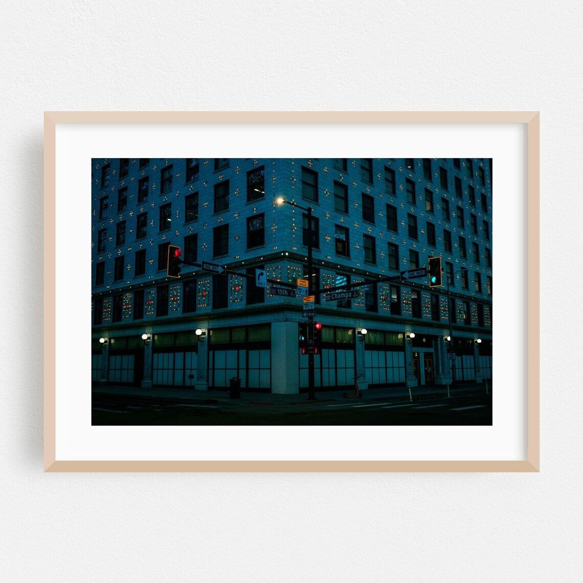 Denver Night Moody Lit Building Corner City Street Photo Poster