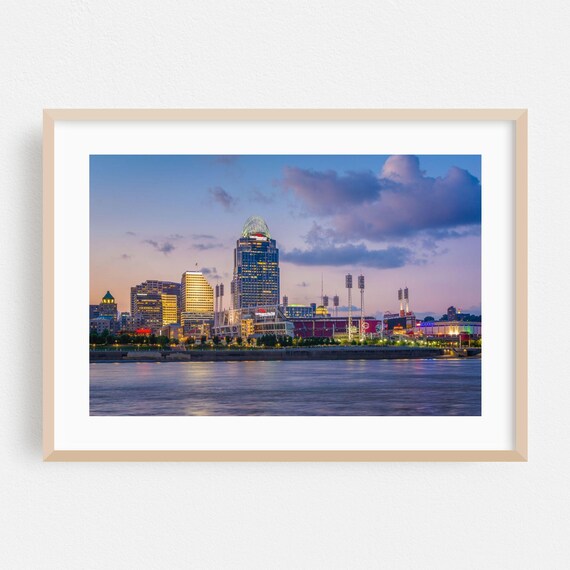 Cincinnati Ohio Skyline Dusk Ohio River Stadium Cityscape Photo Poster