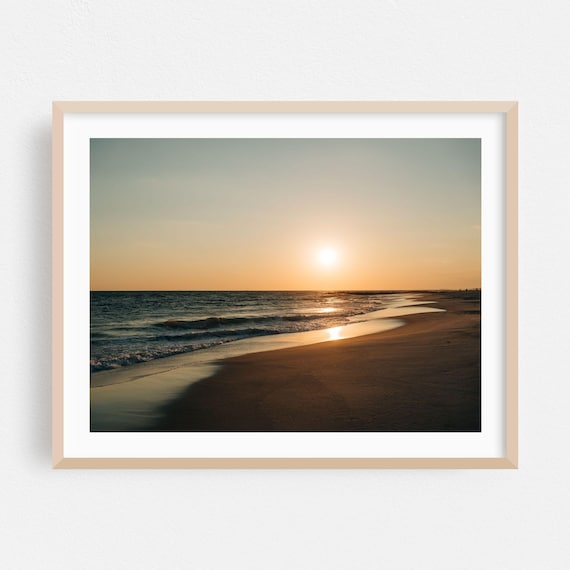 Golden Sunset Over Calm Beach Shoreline Ocean Waves View Poster