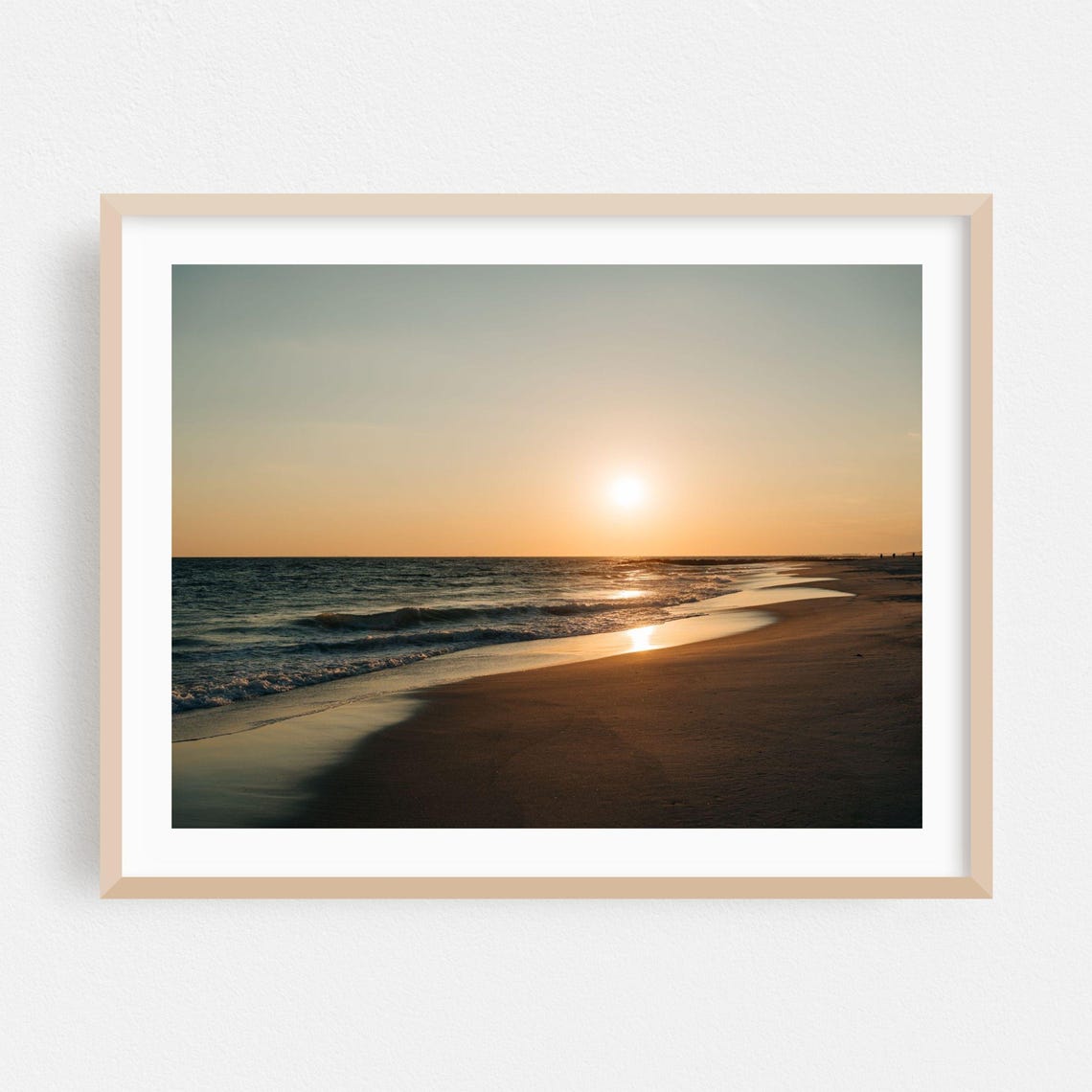 Golden Sunset Over Calm Beach Shoreline Ocean Waves View Poster