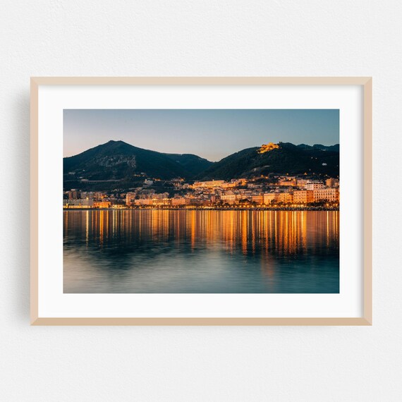 Salerno Italy Harbor Night Sky Reflection Scenic Photography Print