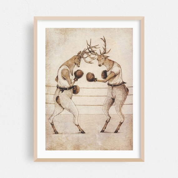 Boxing Deer Stags in a Vintage Ring Illustration Humor Poster