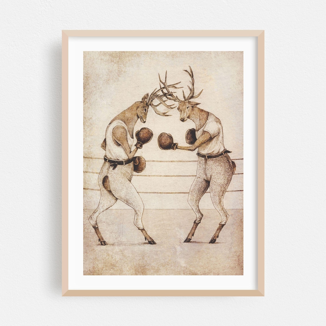 Boxing Deer Stags in a Vintage Ring Illustration Humor Poster