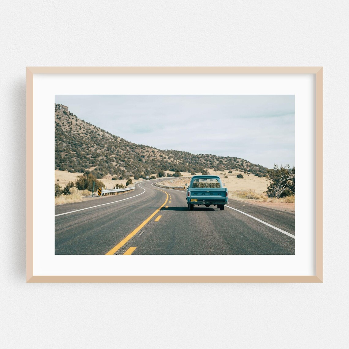 Vintage Blue Ford Pickup Truck on Desert Highway Photo Poster
