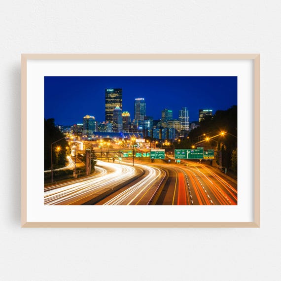 Pittsburgh Pennsylvania Night Skyline Highway Light Trails Poster