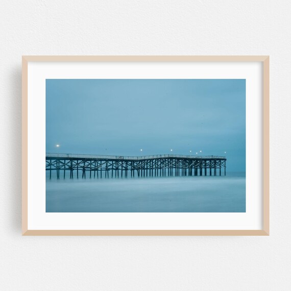Misty Blue Ocean Pier at Dusk Long Exposure Photography Print