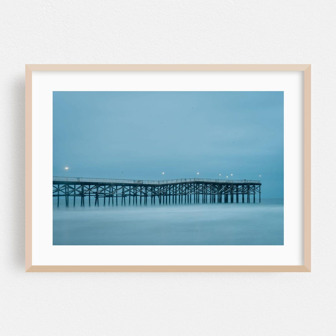 Misty Blue Ocean Pier at Dusk Long Exposure Photography Print