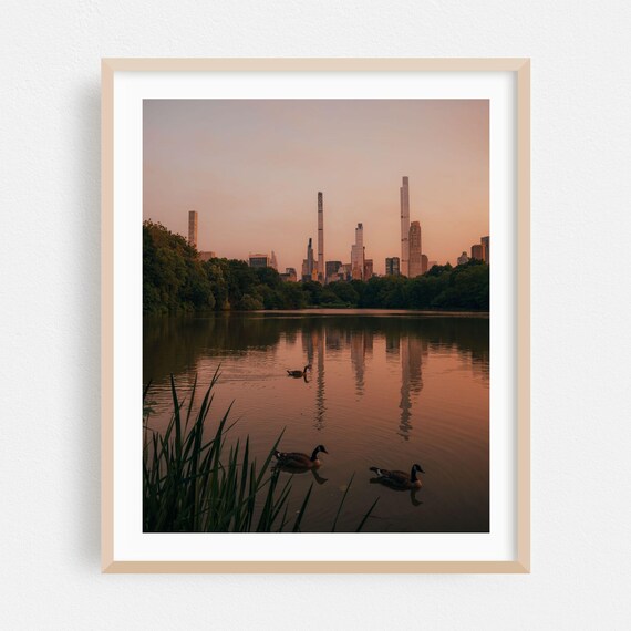 Central Park Lake Sunset Geese Manhattan Skyline Photo Poster