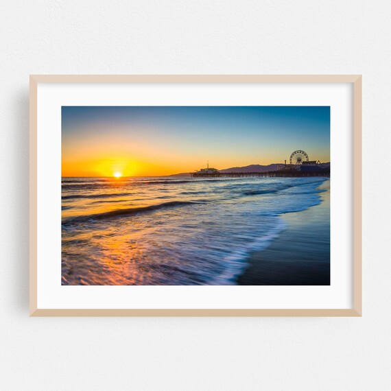 Santa Monica Pier Sunset Ferris Wheel Beach Golden Photo Poster