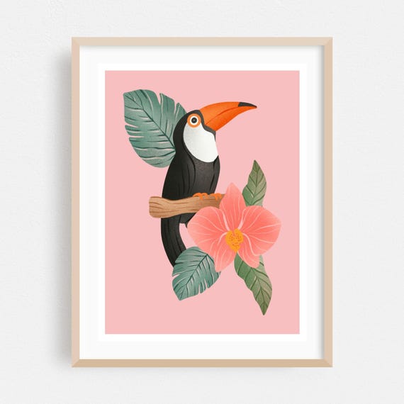 Bird Print Tropical Wall Art Illustration Framed Floral Home Decor Botanical Poster Wildlife Fine Toucan