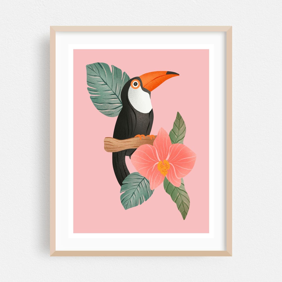 Toco Toucan Perched Beside Pink Hibiscus Tropical Bird Art Poster