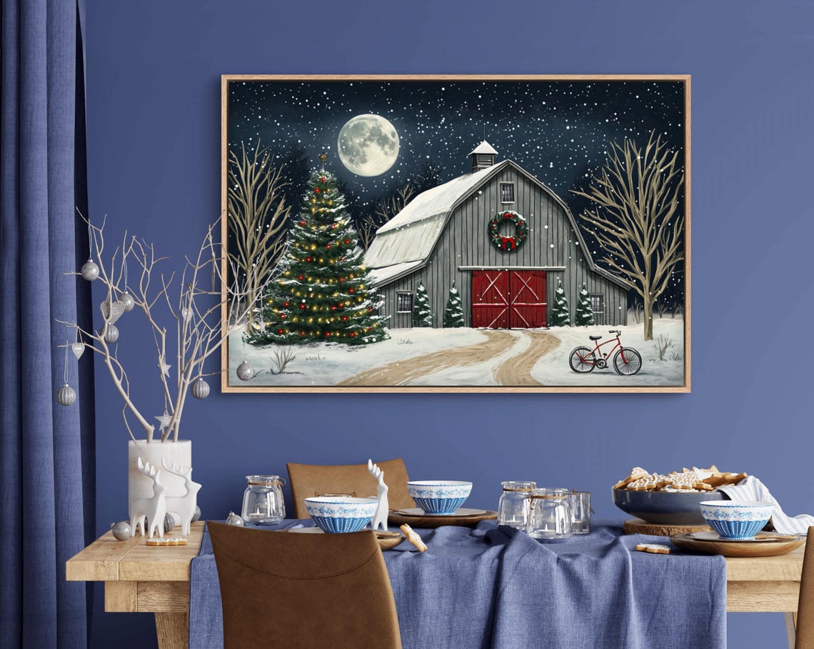 Snowy Christmas Barn Night With Glowing Tree And Festive Wreath Poster - Image 4