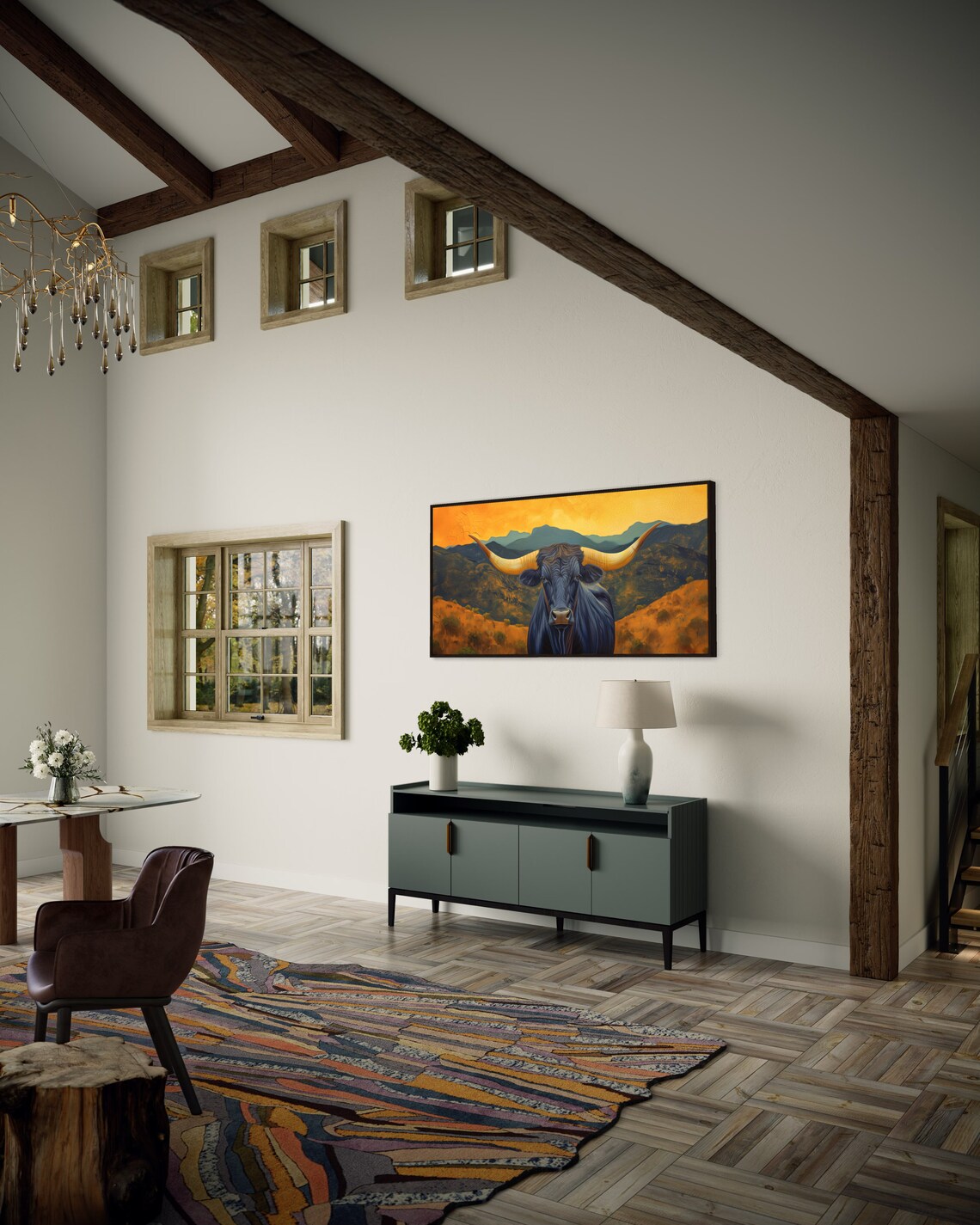 Texas Longhorn Cow Golden Sunset Mountain Southwest Ranch Art Poster - Image 2