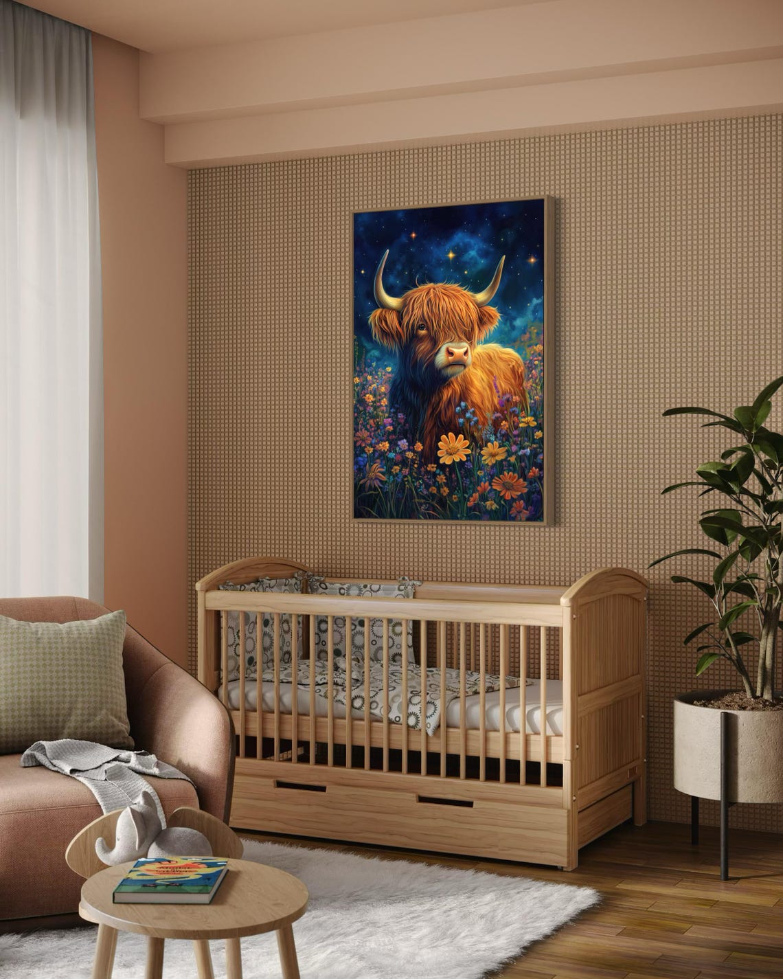 Highland Cow Wildflowers Starry Night Whimsical Colorful Animal Poster - Image 5