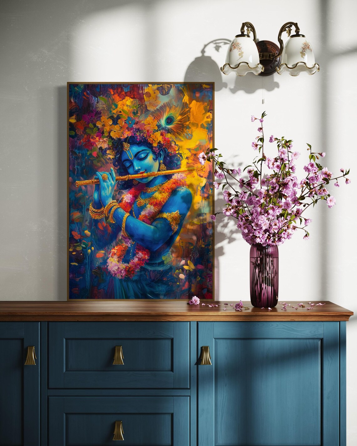 Lord Krishna Hindu God Painting Print With Flute - Image 4