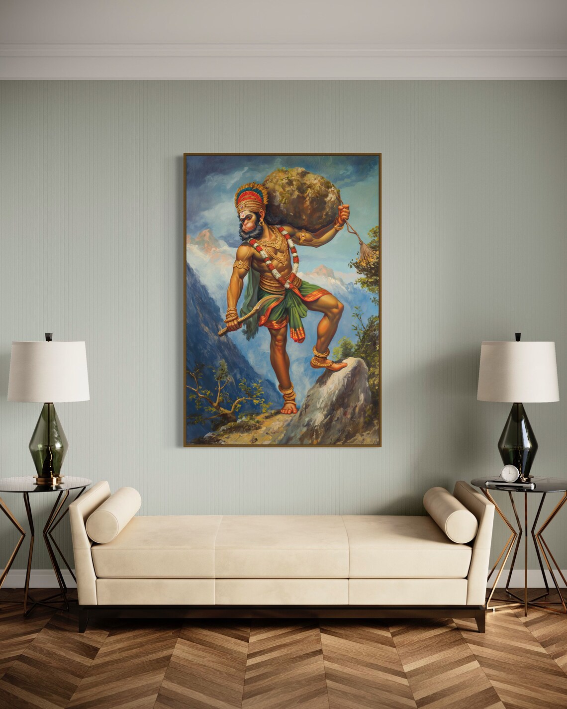 Lord Hanuman Carrying Mountain Divine Strength Spiritual Art Poster - Image 3