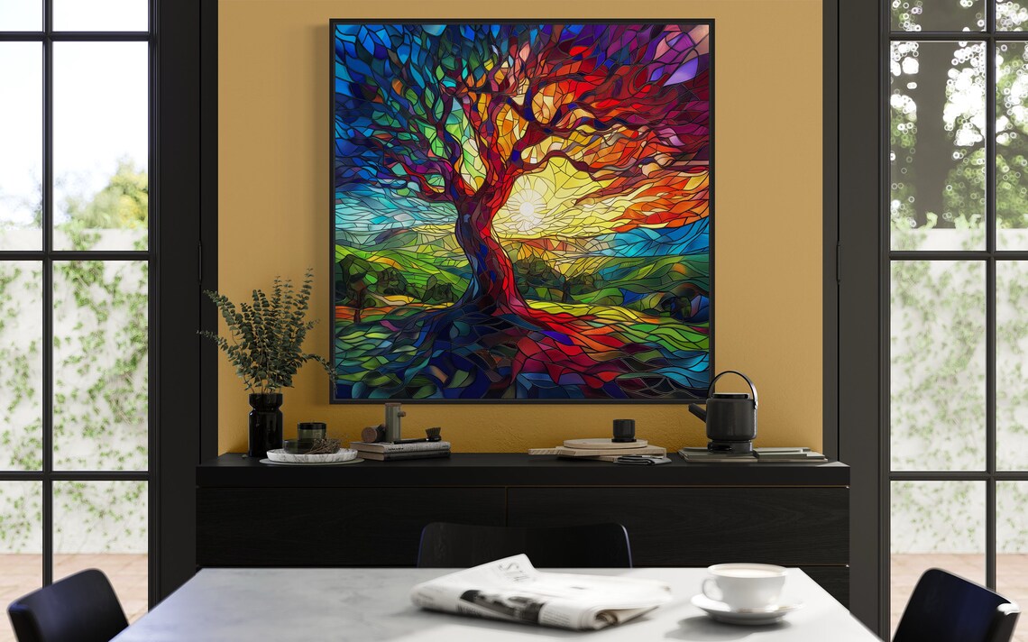 Rainbow Stained Glass Tree Of Life Mosaic With Bright Sun Print - Image 4