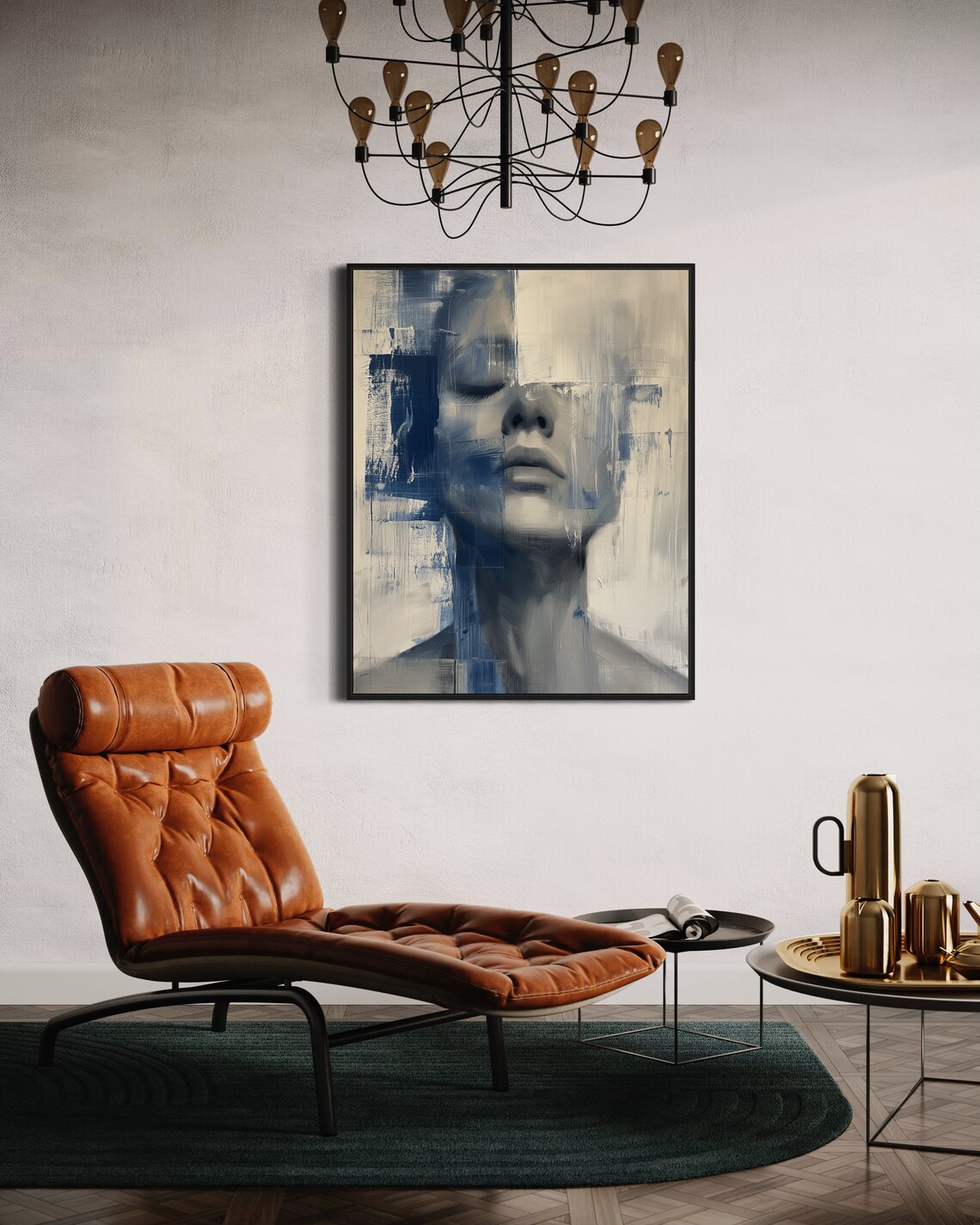 Abstract Blue Female Face Portrait Moody Modern Wall Art Print - Image 2