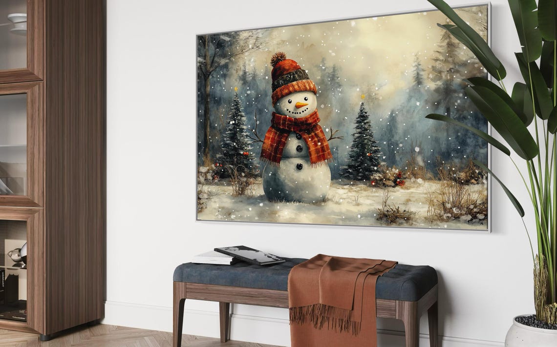 Cozy Snowman Red Hat Scarf Snowy Forest Falling Snow Christmas Poster - Image 5