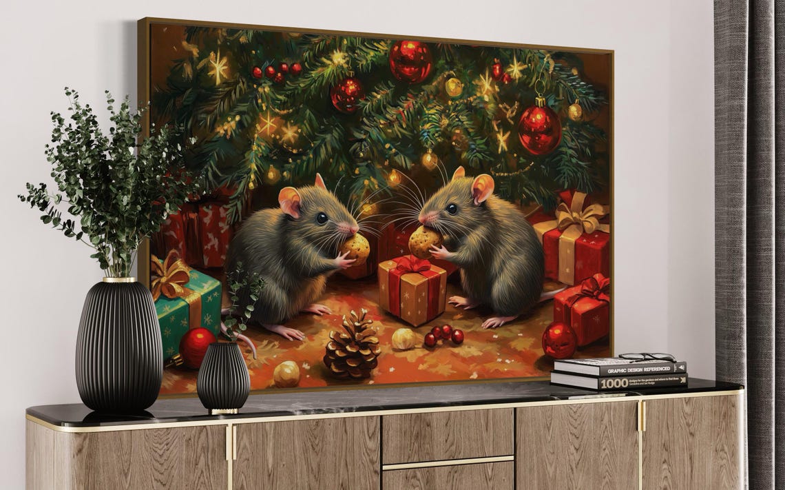 Two Cute Christmas Mice Cookies Under Tree Holiday Whimsical Art Print - Image 4