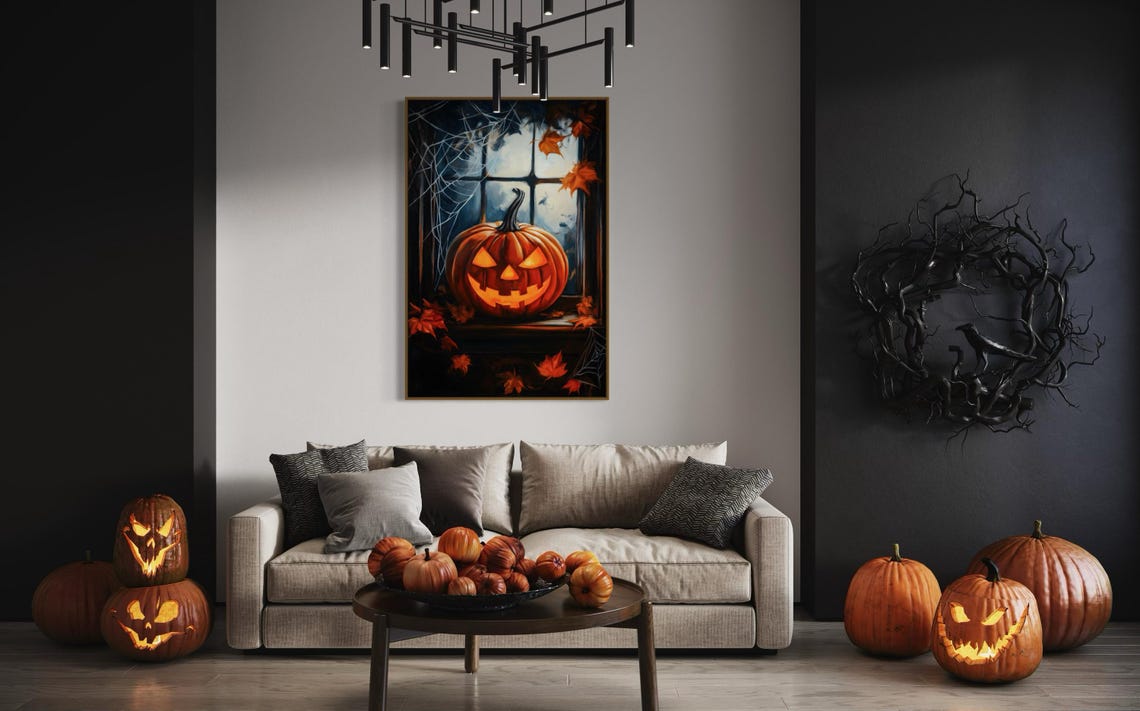 Spooky Jack O Lantern Window Cobwebs Autumn Leaves Halloween Art Print - Image 2