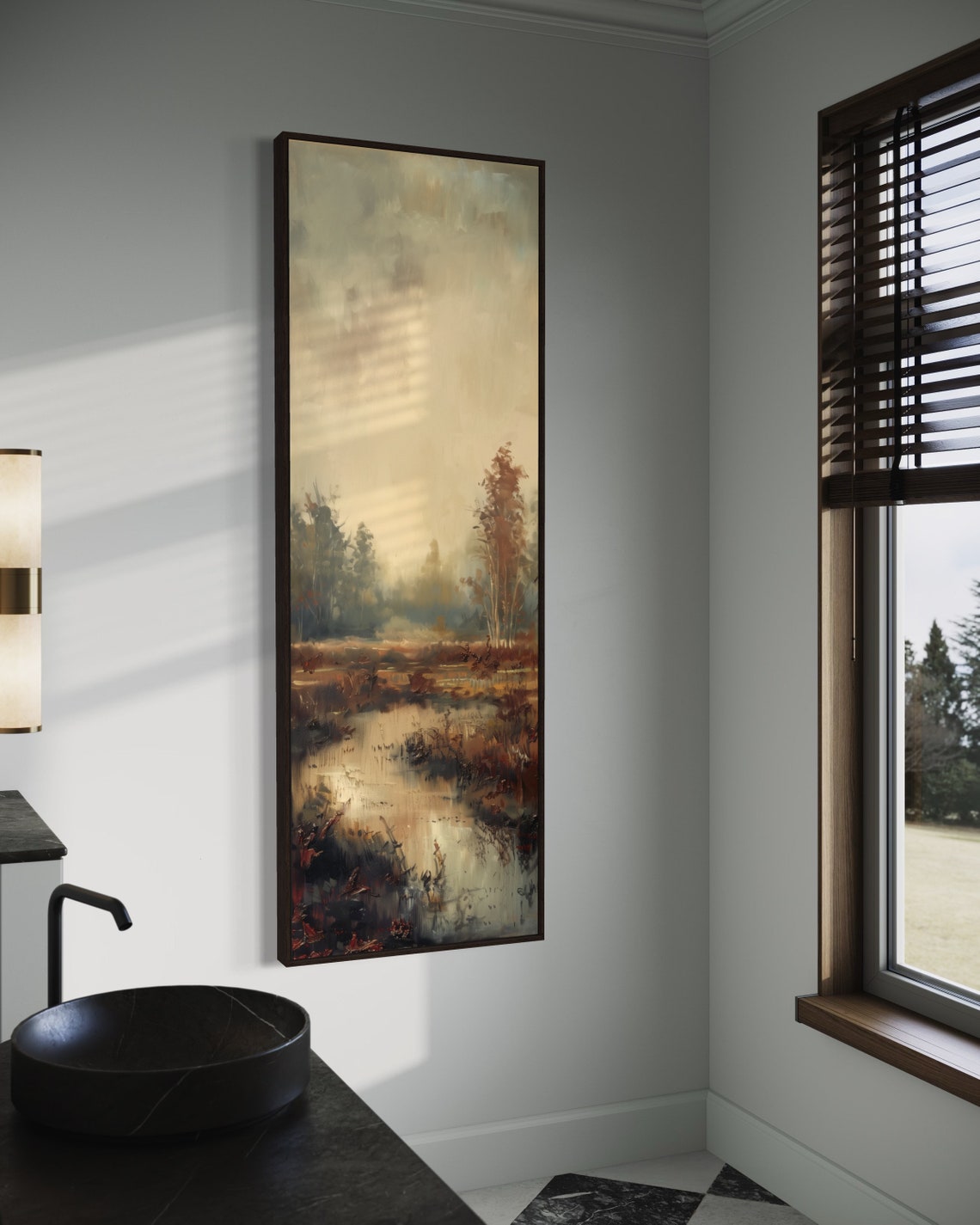 Misty Wetland Water Reflection Autumn Fog Tall Vertical Wall Art - Image 3