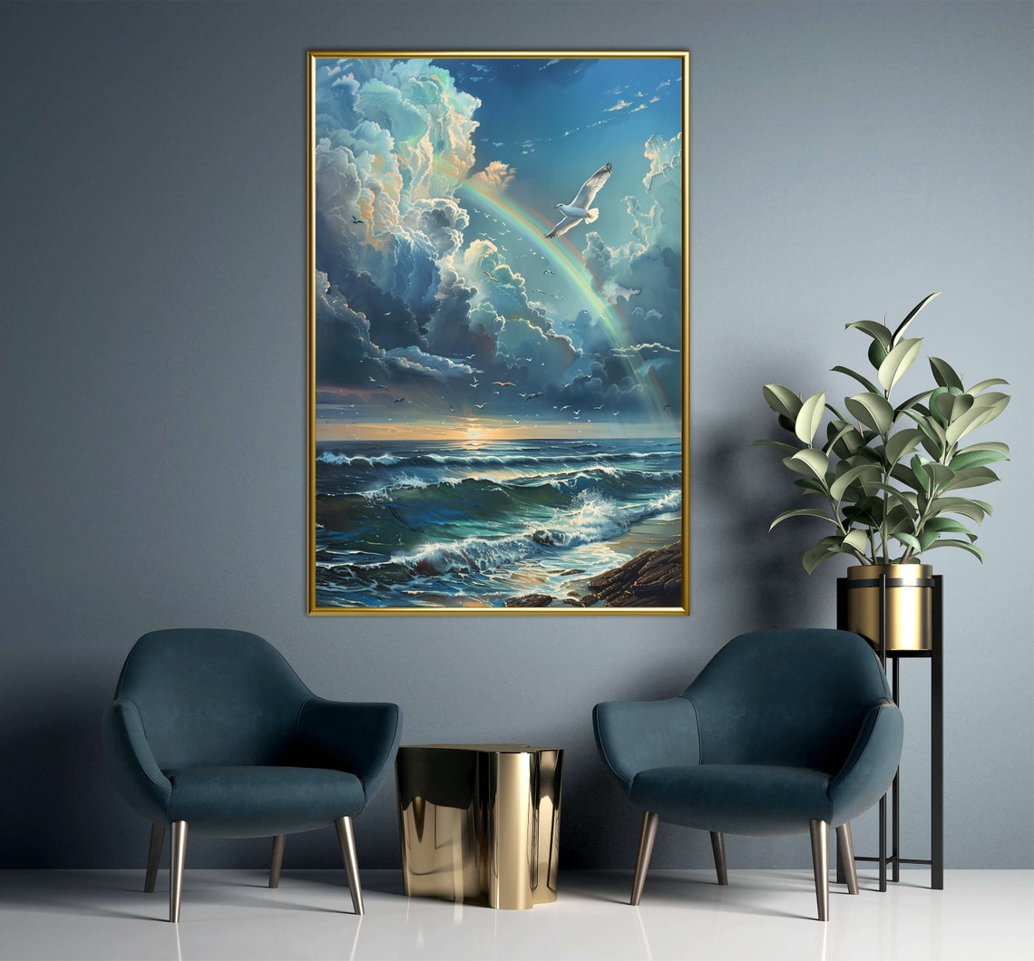 Seagull Rainbow Stormy Ocean Dramatic Clouds Coastal Sunrise Poster - Image 4