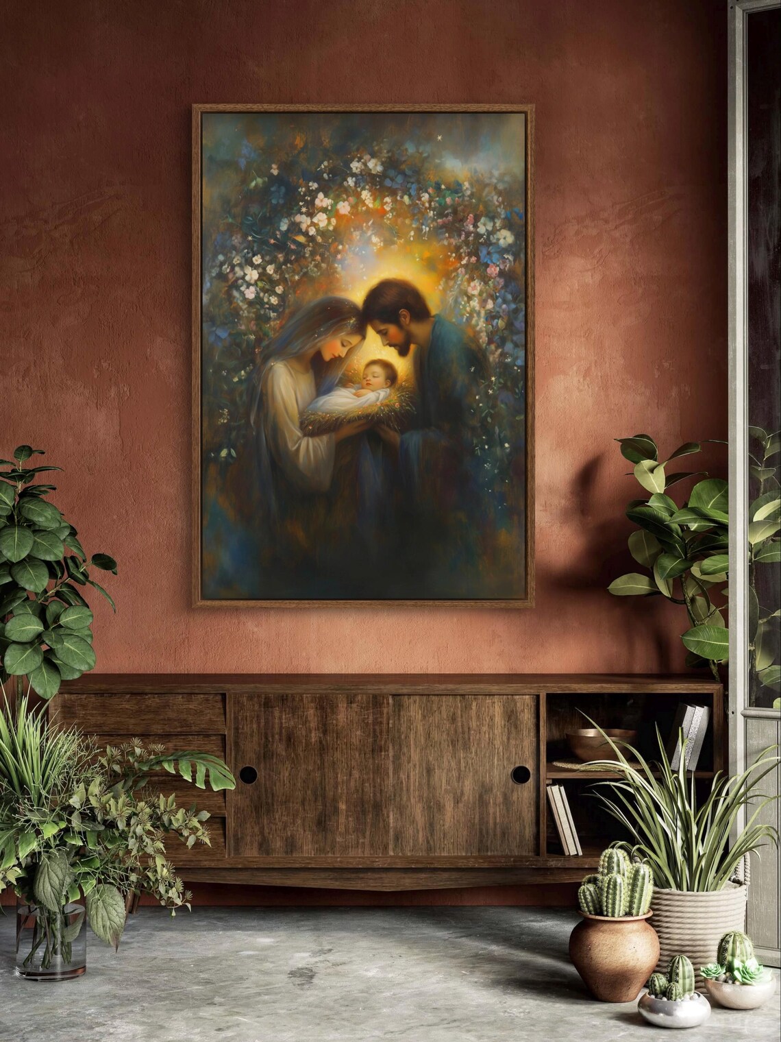 Holy Family Nativity Mary Joseph Baby Jesus Glowing Floral Faith Art Poster - Image 3