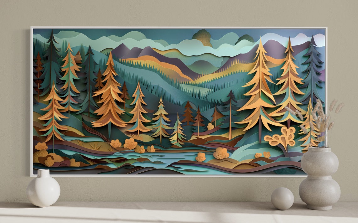 Rustic Autumn Forest Panorama Layered Paper Cut Fall Art Poster - Image 4