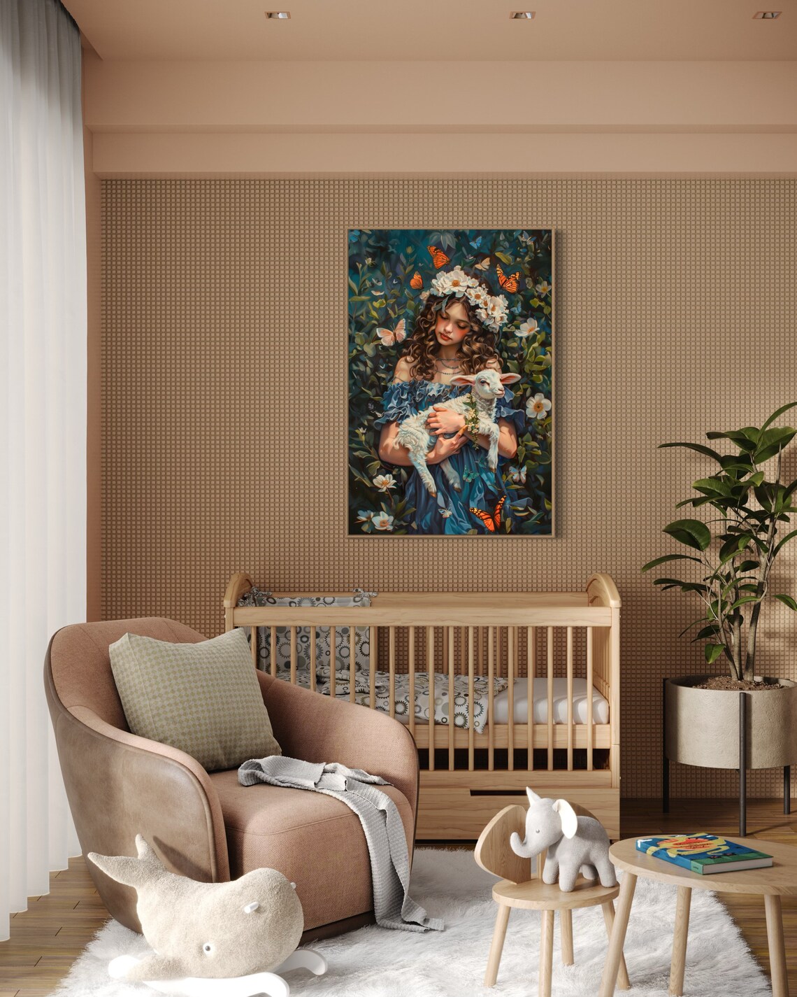Girl Portrait Print With Lamb Blooming Garden Butterfly Poster For Teen Girl Room Decor - Image 5