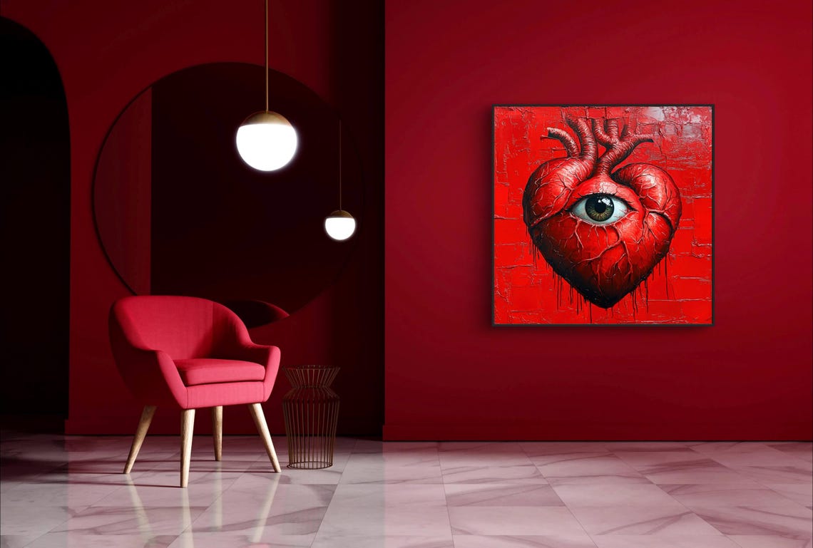 Surreal Anatomical Heart With Eye Bold Red Abstract Art Print - Image 2