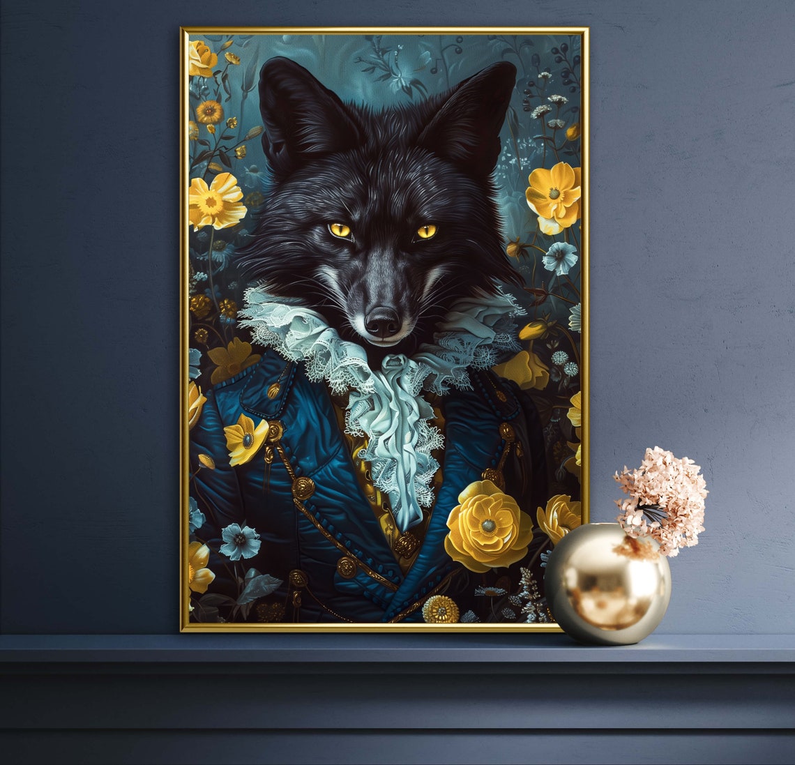 Victorian Fantasy Black Fox Yellow Eyes Regal Floral Art Poster - Image 3