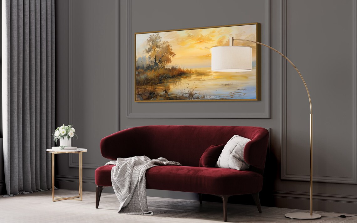 Autumn Sunrise Misty Lakeside Reeds Golden Watercolor Art Poster - Image 2