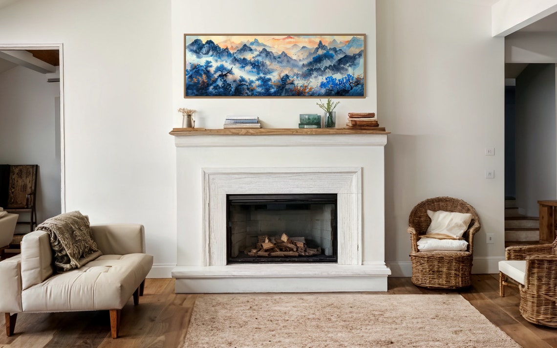 Misty Blue Mountain Peaks Sunrise Ink Wash Panoramic Wall Art - Image 2