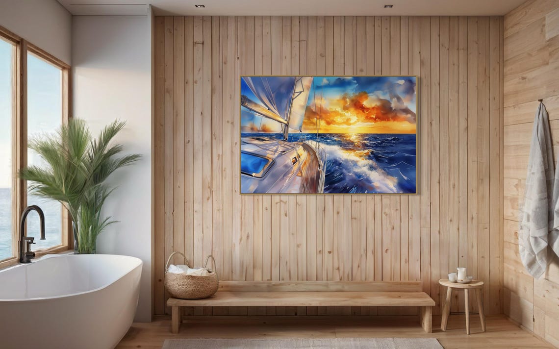 Sailboat Sunset Ocean Waves Dramatic Sky Nautical Coastal Art Poster - Image 2