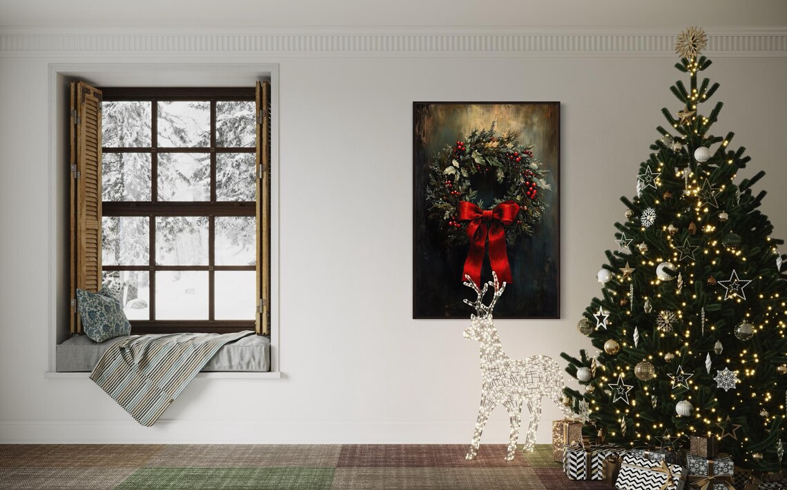 Vintage Christmas Wreath, Rustic Holiday Art Print - Image 3
