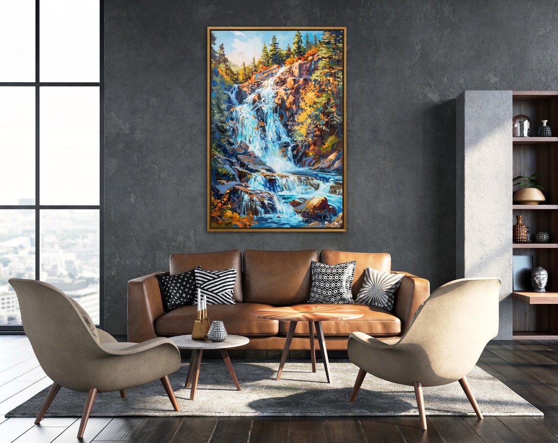Forest Waterfall Rustic Pine Tree Art With Waterfall Decor Mountain Painting Print In Modern Impressionism Style For Home Decore - Image 3