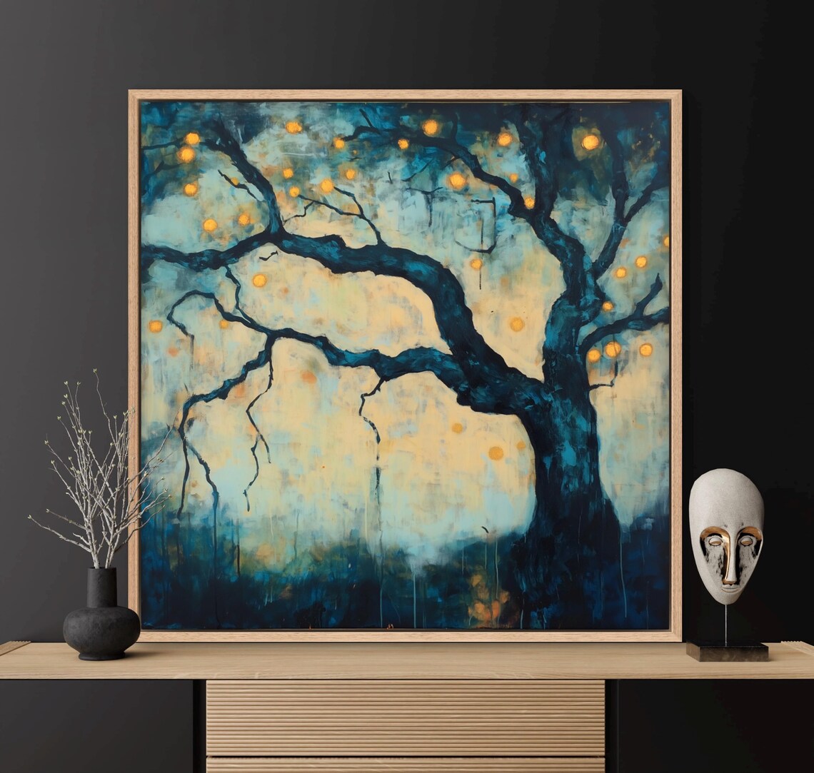 Mystical Tree Wall Art Mystical Abstract With Glowing Orbs Dreamlike Night Forest Print For Modern Decor Or Above Bed Accent