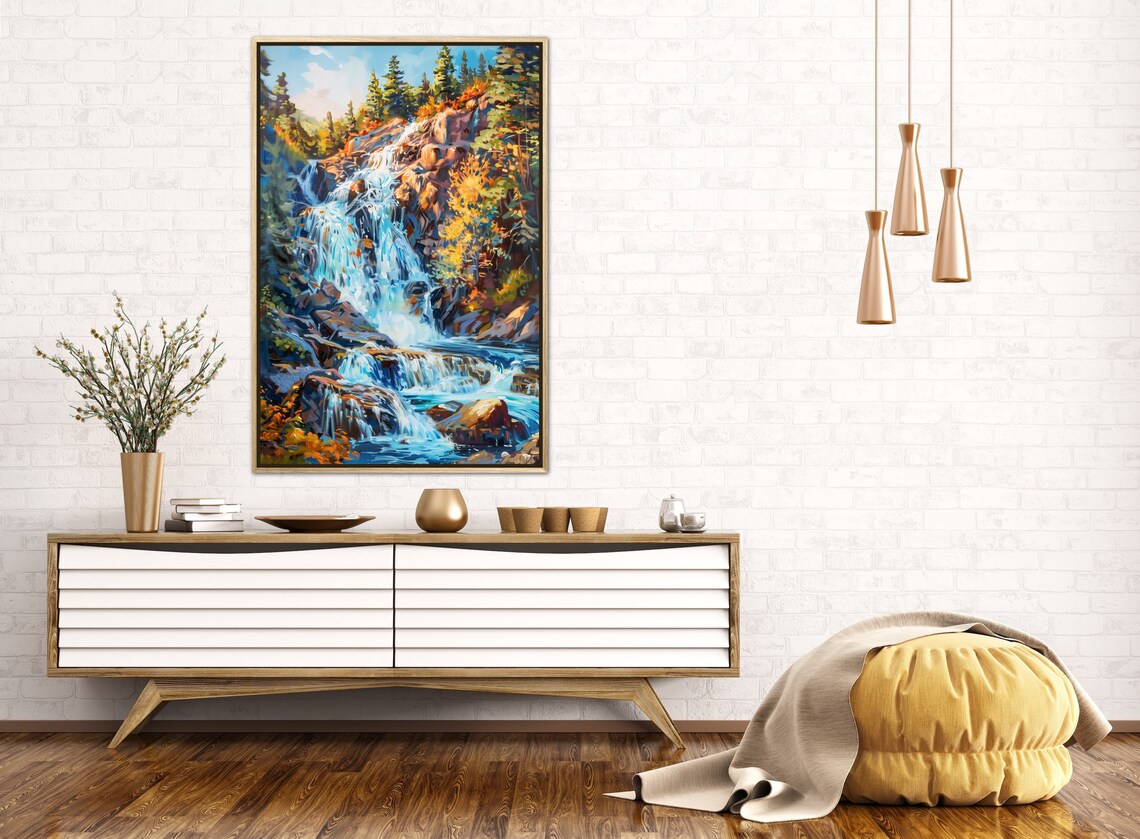 Forest Waterfall Rustic Pine Tree Art With Waterfall Decor Mountain Painting Print In Modern Impressionism Style For Home Decore - Image 5