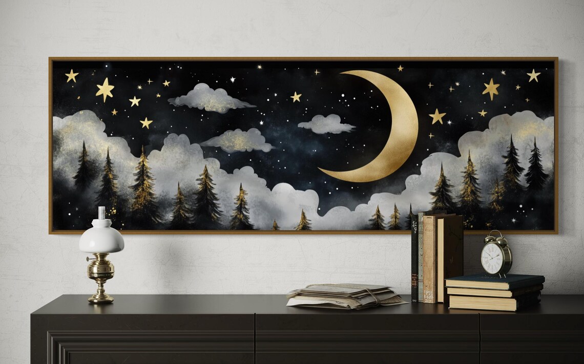 Crescent Moon Over Enchanted Forest Art Starry Night And Pine Tree Art Panoramic Print Perfect For Rustic Wall Decor - Image 4