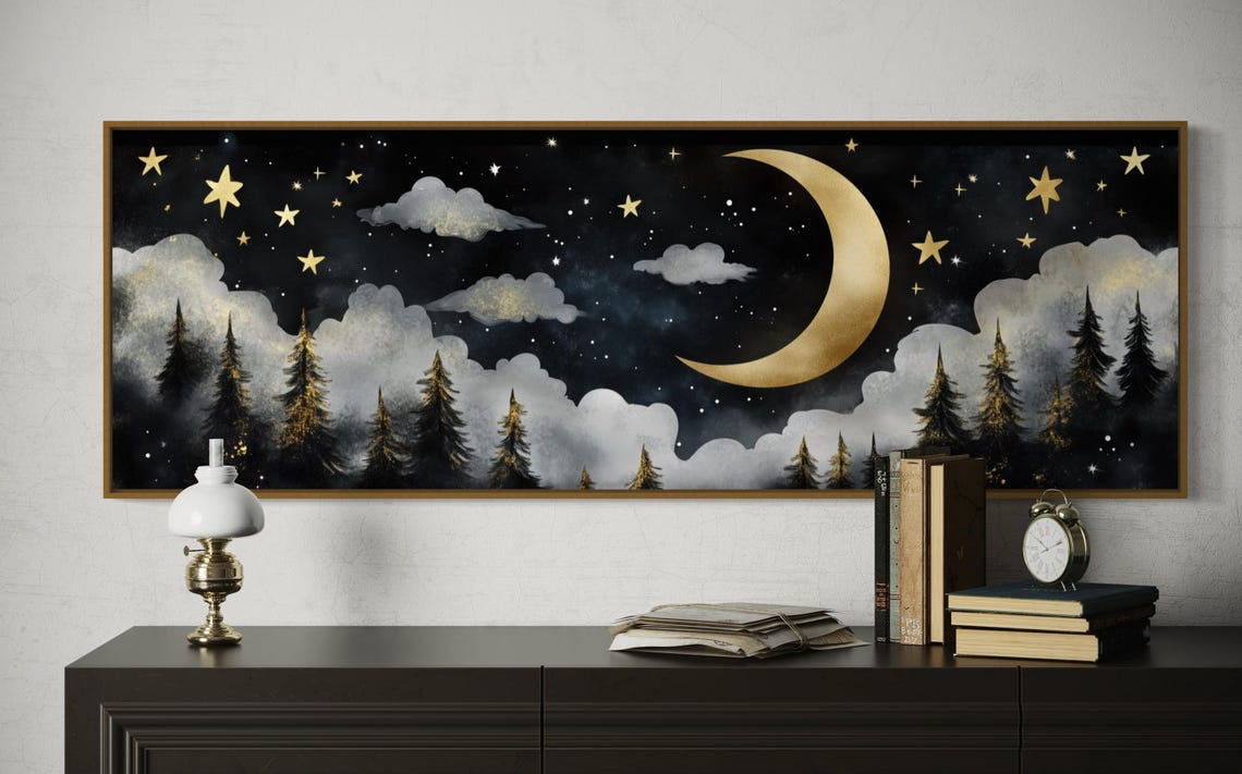 Gold Crescent Moon Starry Night Forest Panoramic Peaceful Night Poster - Image 4