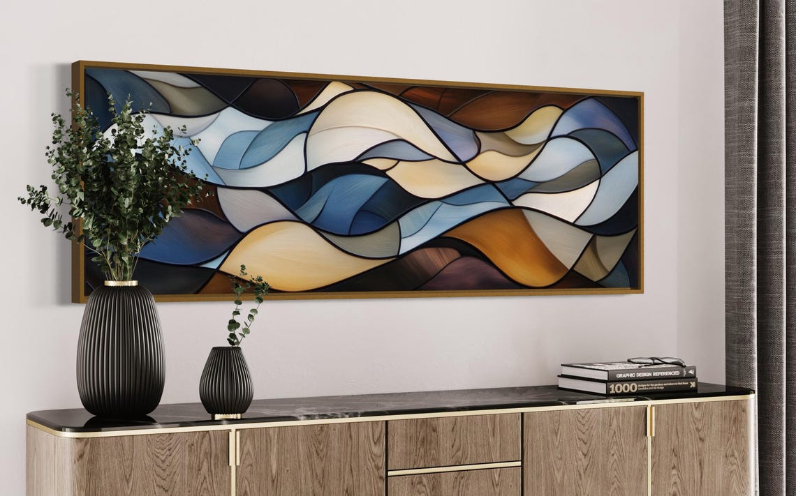 Blue Cream Abstract Waves Fluid Panoramic Stained Glass Style Poster - Image 3
