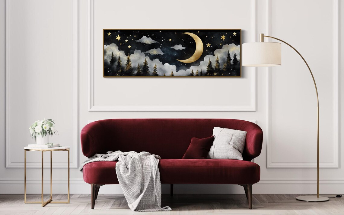 Crescent Moon Over Enchanted Forest Art Starry Night And Pine Tree Art Panoramic Print Perfect For Rustic Wall Decor - Image 5