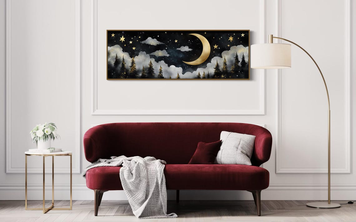 Gold Crescent Moon Starry Night Forest Panoramic Peaceful Night Poster - Image 5